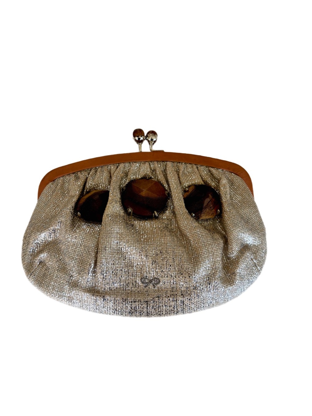 Authentic Anya Hindmarch Silver and brown wood stone. Classic Kiss-Lock Clutch.